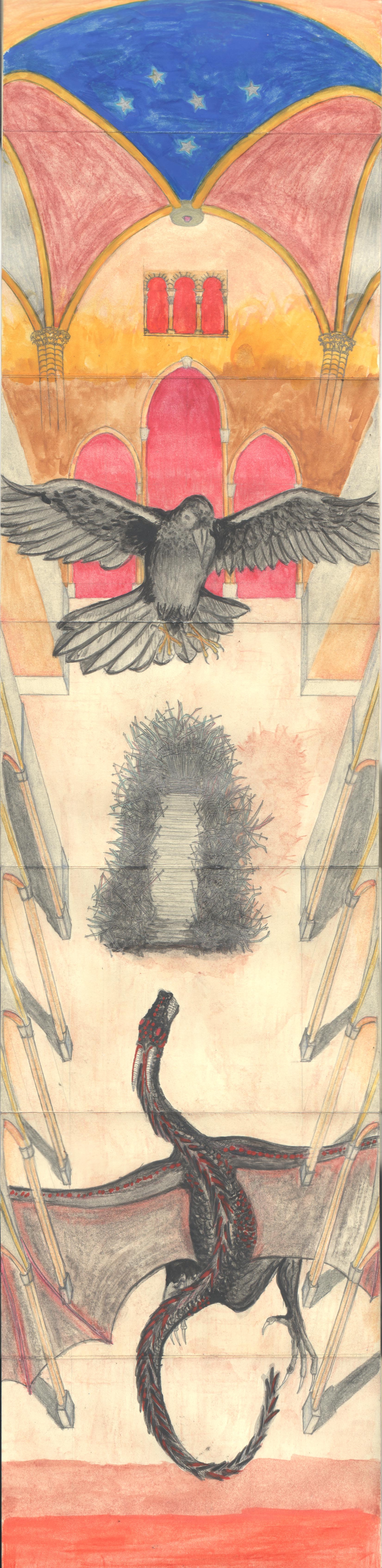 Crow and Dragon descending on the Iron Throne