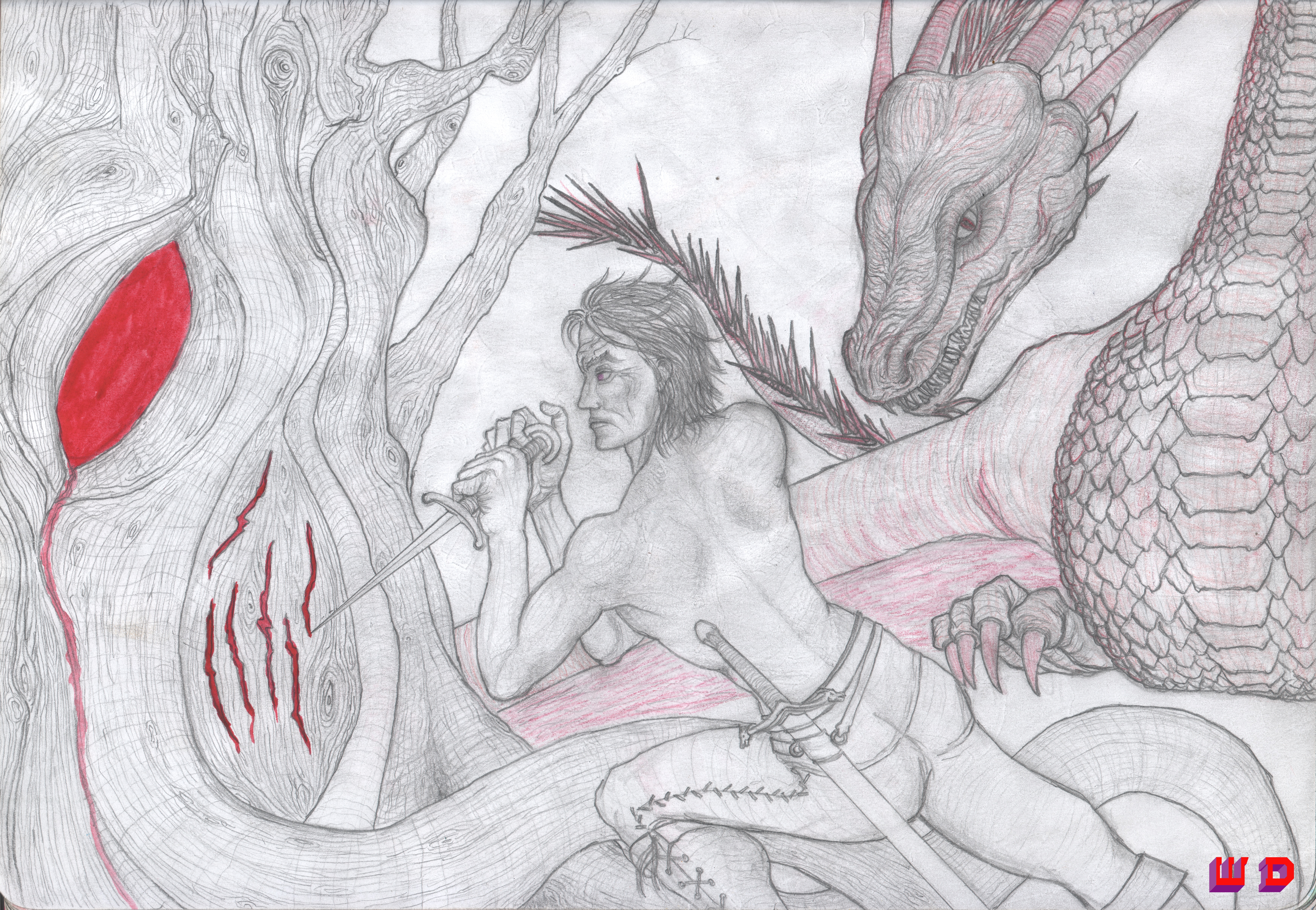 Daemon Targaryen and his Dragon Caraxes in front of the Heart Tree in Harrenhal