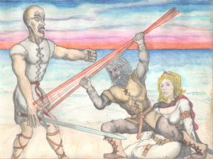 Ser Barristan Selmy, as Arstan Whitebeard, armed only with a wooden staff, defends queen Daenerys from Mero attacking her with a sword.