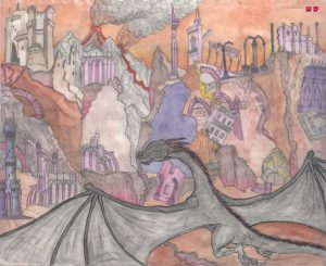Balerion and Pricess Aerea Targaryen flying over Valyria